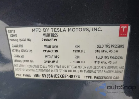 2016 Tesla Model S from USA, damaged, VIN 5YJSA1E2XGF148724